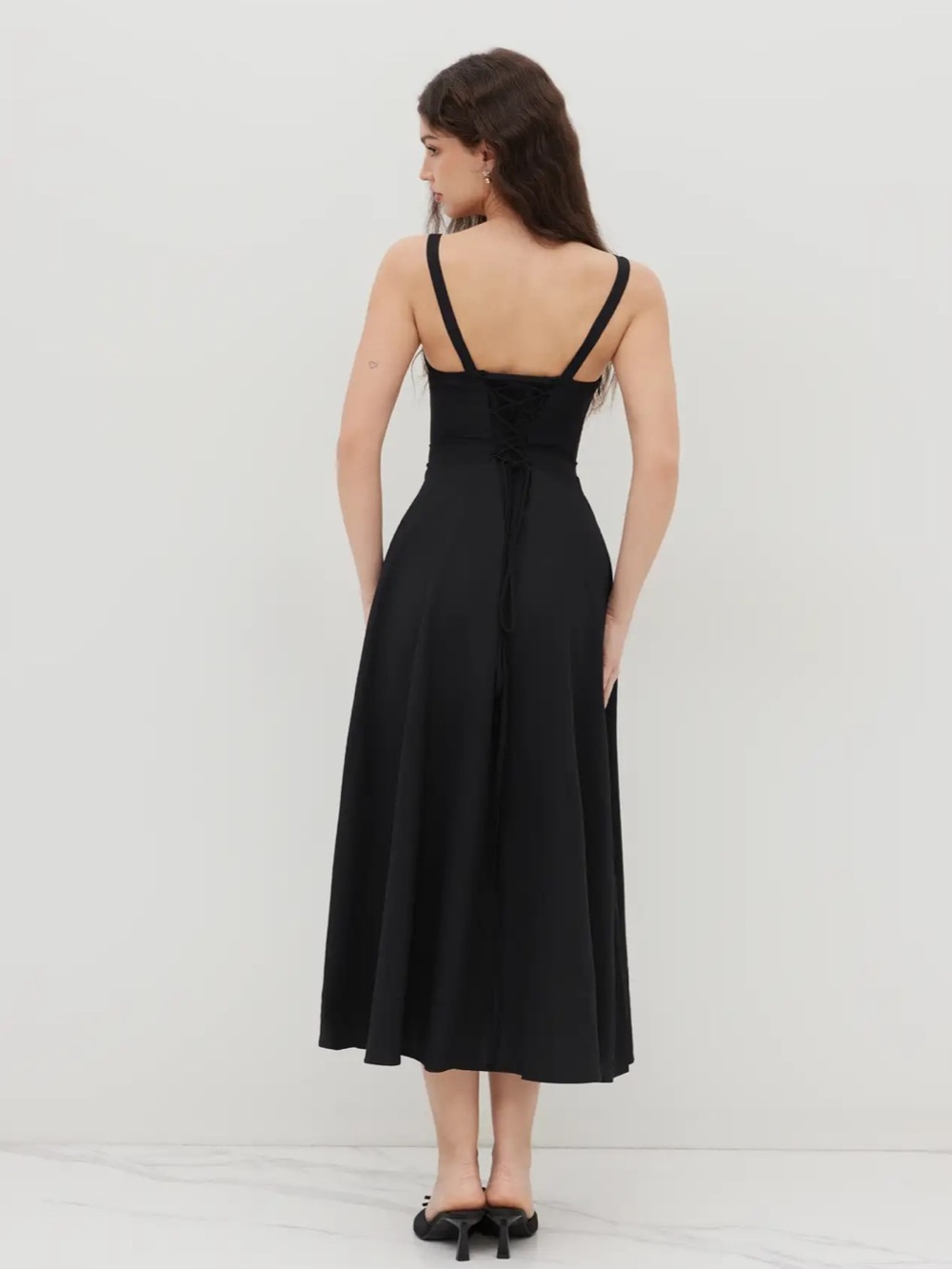 NWT Cider Square Neck Tie Corset Ruffle Split Cami Maxi Black Dress in S - Picture 3 of 9
